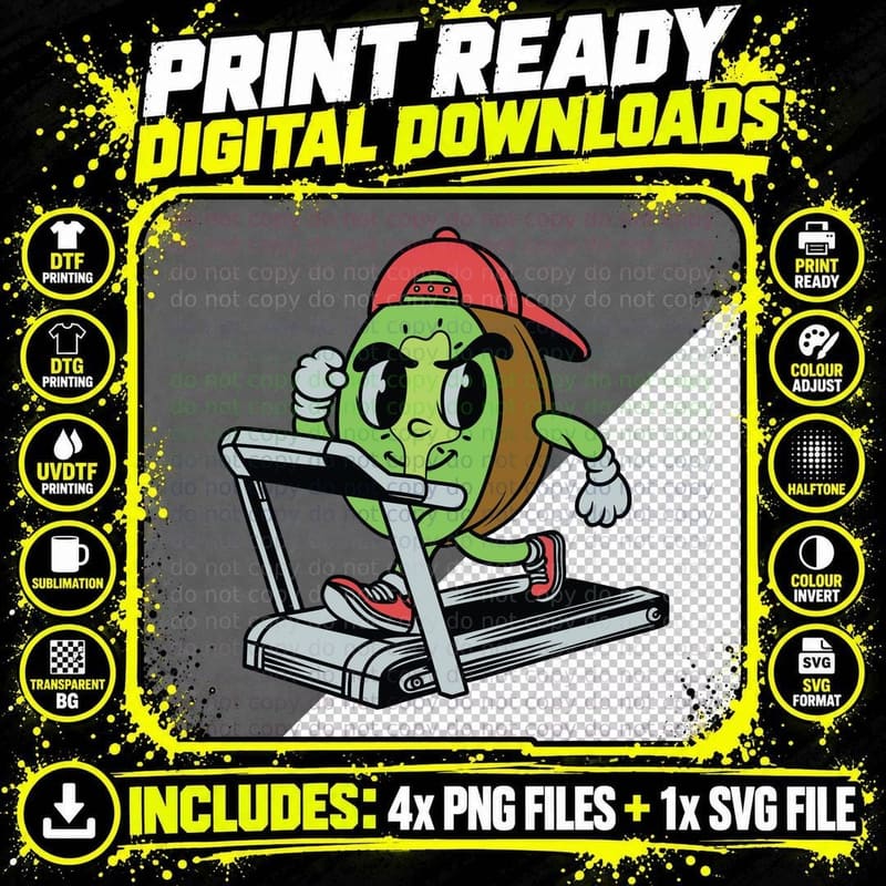 Avocado Treadmill Cartoon Humorous T-Shirt Png SVG Digital Bundle