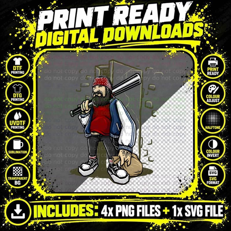 Baseball Bat Street Tough Attitude Man Red Beanie T-Shirt Png SVG Digital Bundle