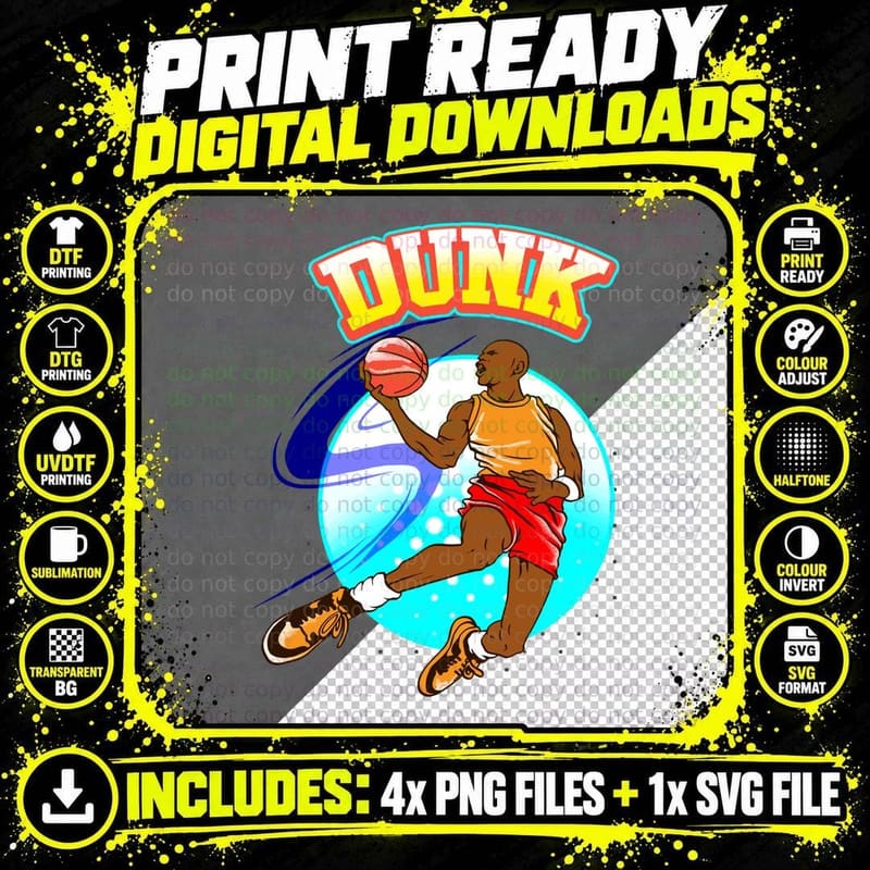 Basketball Dunk Player Dunking Blue Circle Sports Theme Png SVG Digital Bundle