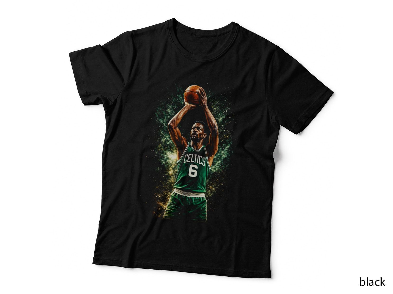 Bill Russell Celtics 6 Halftone Boston Player Shooting Ball Overhead T-Shirt