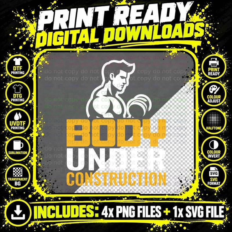 Body Under Construction Muscular Man Yellow Orange Png SVG Digital Bundle