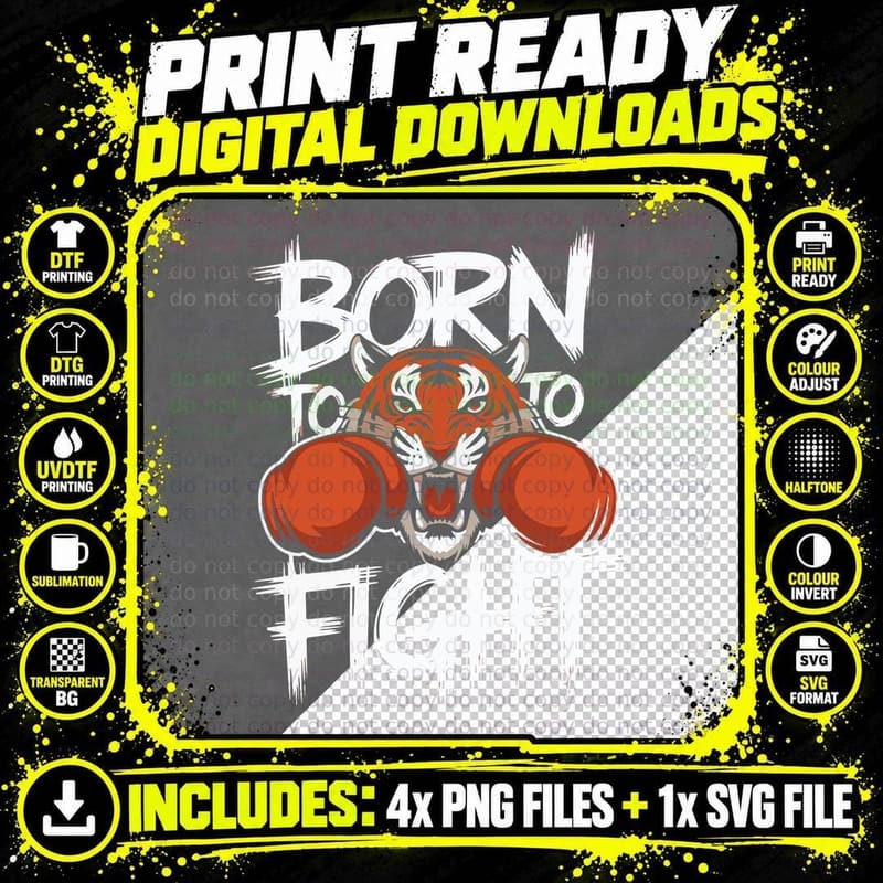 Born to Fight Red Orange Tiger Boxing Gloves Distressed Png SVG Digital Bundle