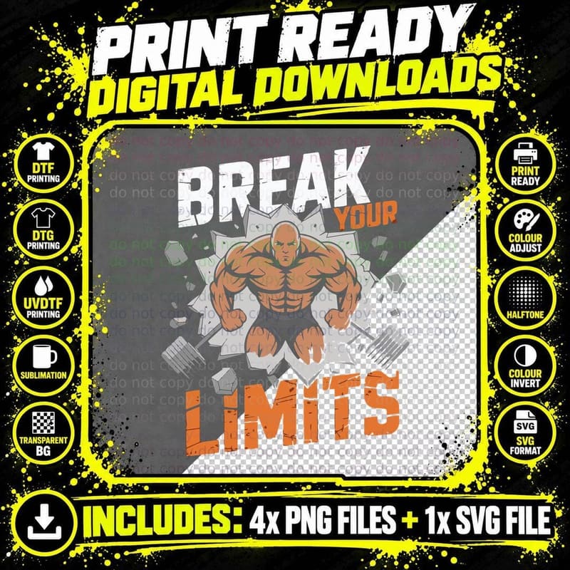 Break Your Limits Orange Gray Muscular Man Explosive Png SVG Digital Bundle
