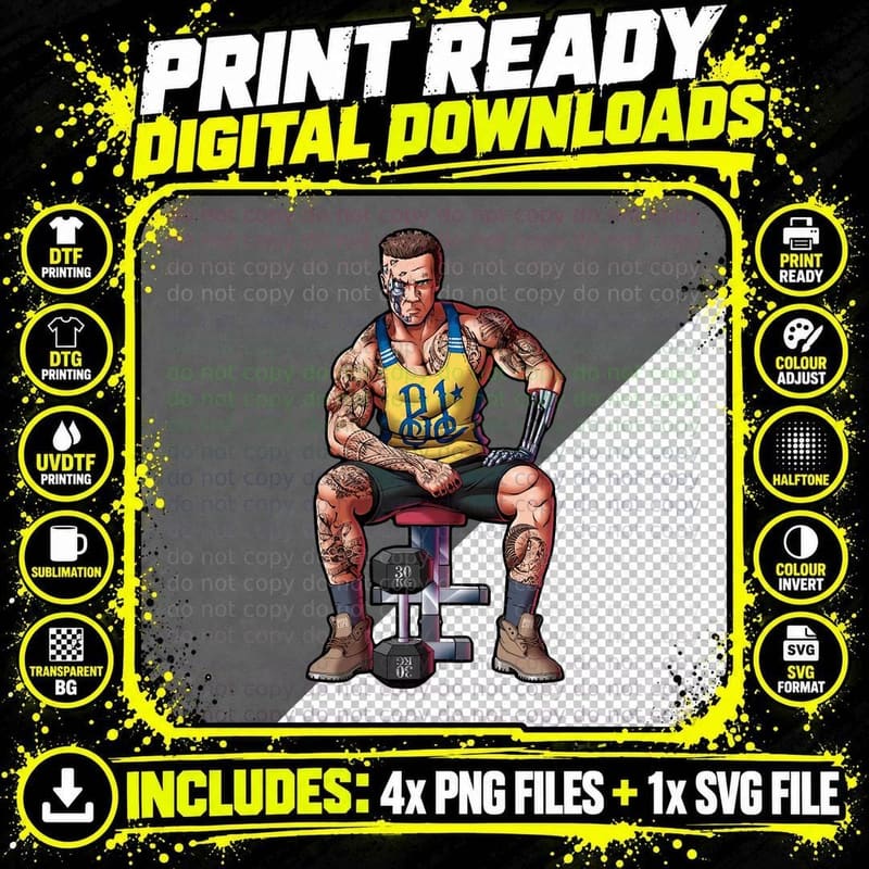 Cartoon Muscle Man Yellow Tank Shirtless Muscular with Png SVG Digital Bundle