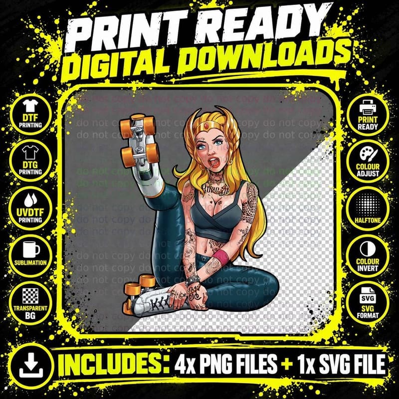 Cartoon Roller Skating Girl Blonde Woman on Skates Png SVG Digital Bundle