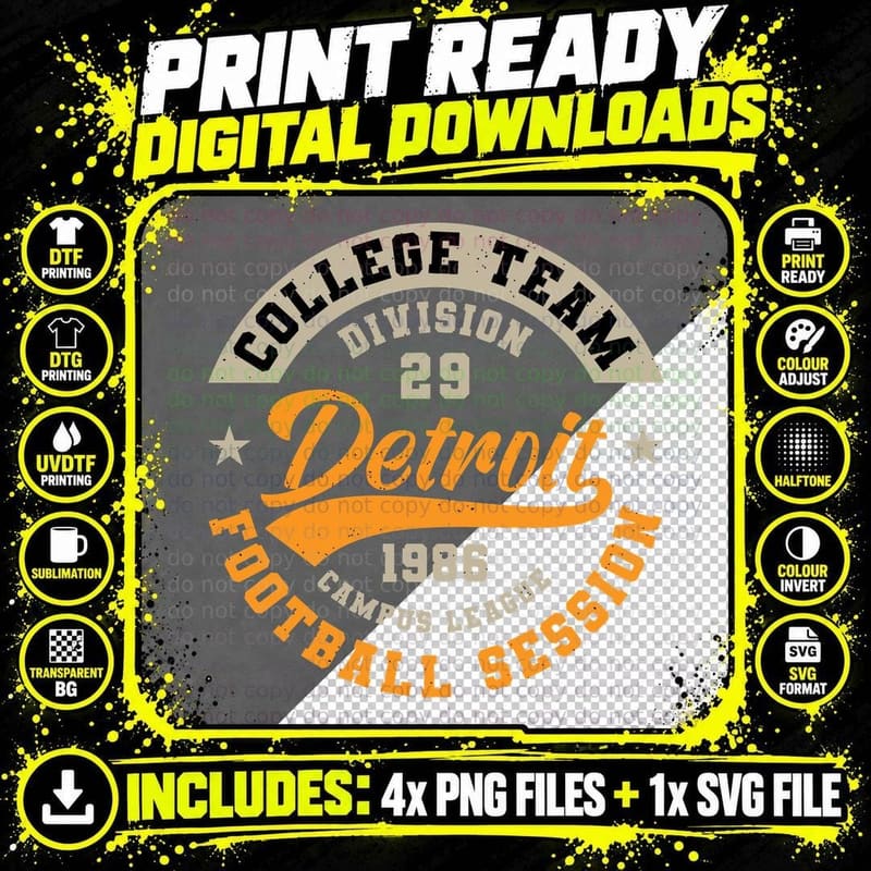 Detroit Football College Team Division 29 Session 1986 Png SVG Digital Bundle