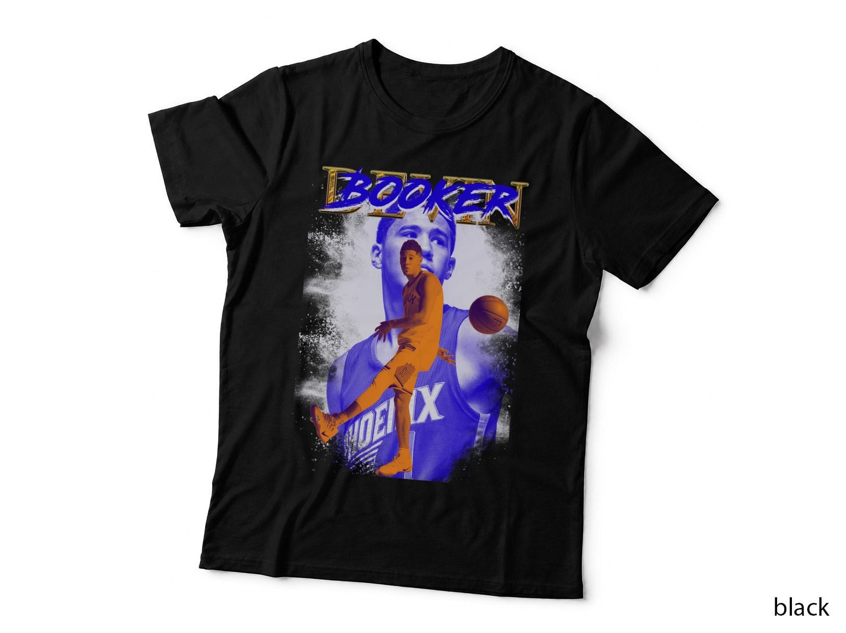 Devin Booker Caricature Dribbling Blue-Purple Duotone Photo Effect T-Shirt