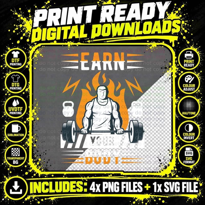 Earn Your Body Orange Flames White Muscular Dude Png SVG Digital Bundle