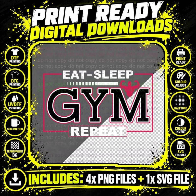 Eat Sleep Gym Repeat Eat-Sleep Magenta Pink Rectangle Png SVG Digital Bundle