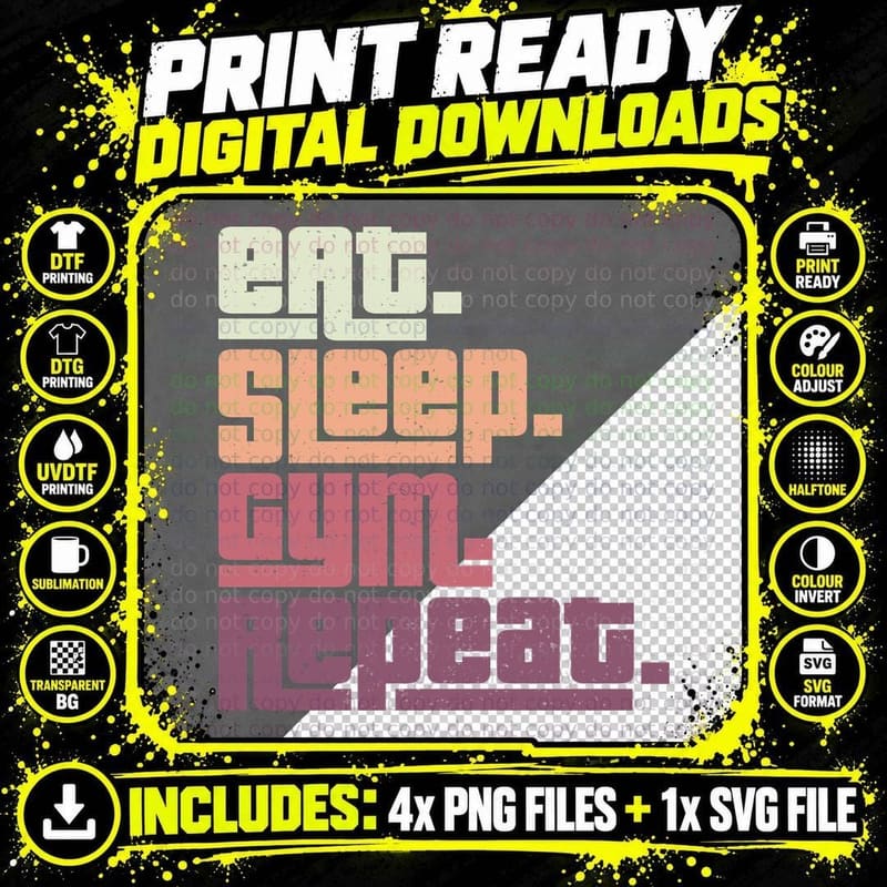 Eat Sleep Gym Repeat Retro Pastel Colors Striped T-Shirt Png SVG Digital Bundle