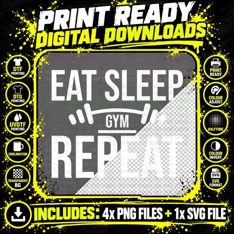 Eat Sleep Gym Repeat White Dumbbell T-Shirt Png SVG Digital Bundle