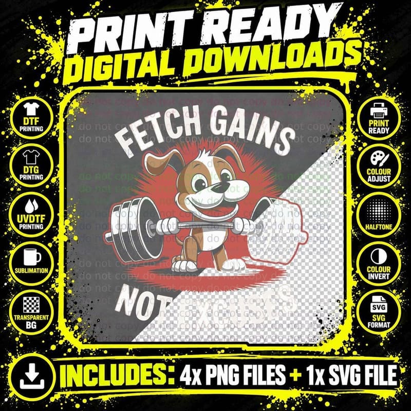 Fetch Gains Dog Not Excuses Cartoon Dumbbell Red Png SVG Digital Bundle
