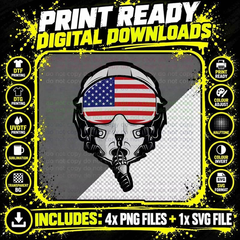 Fighter Pilot Skull with US Flag Visor Military Aviation Png SVG Digital Bundle