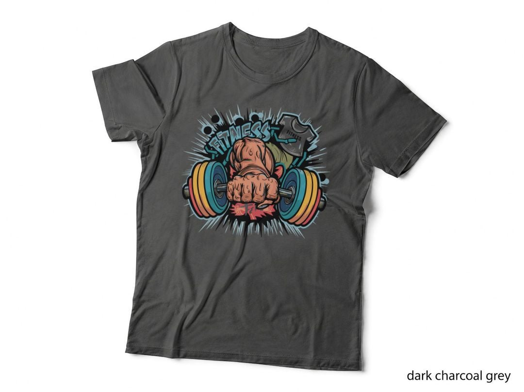 Fitness Discipline Orange Clenched Fist Blue Yellow Weights Comic T-Shirt