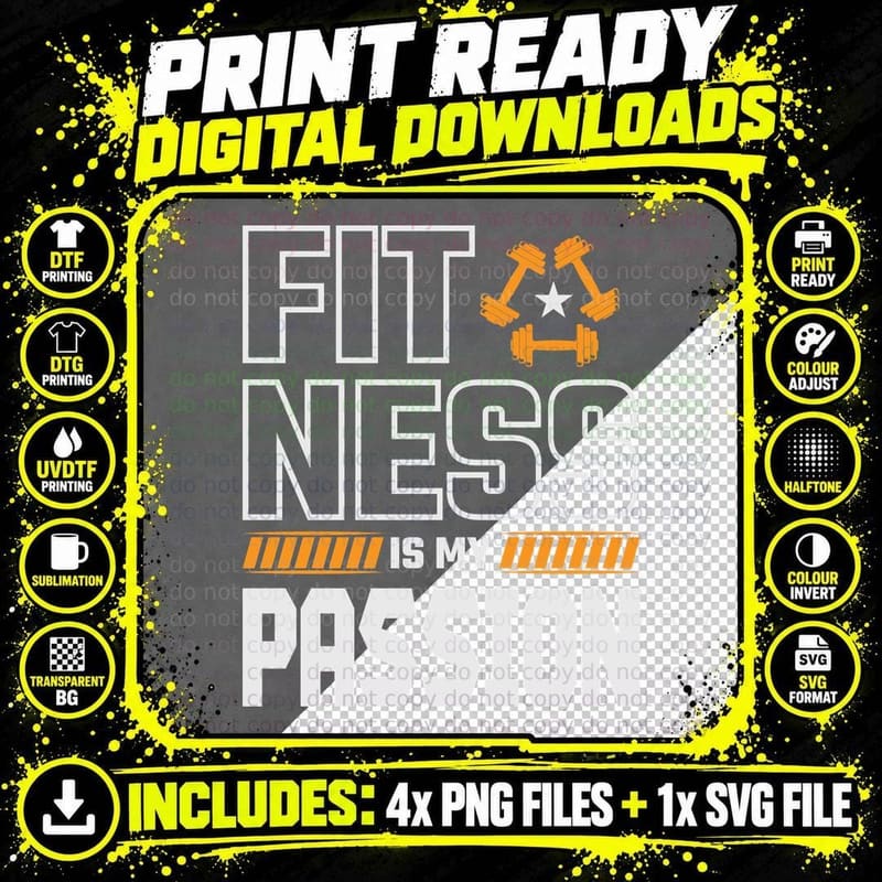 Fitness Is My Passion Dumbbell Orange Motivational Png SVG Digital Bundle