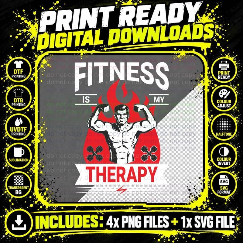 Fitness Is My Therapy Red White Muscular Man Flames Png SVG Digital Bundle