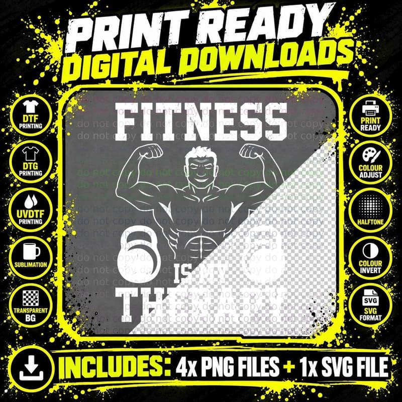 Fitness Is My Therapy White Kettlebell Muscular Man Png SVG Digital Bundle