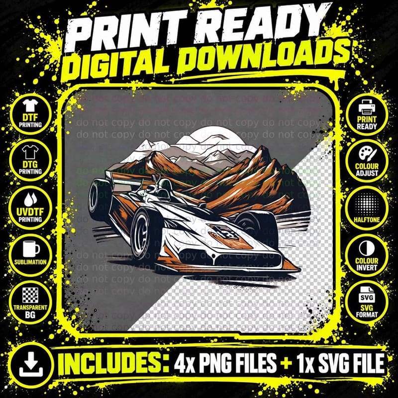 Formula Race Car White Orange Mountain Scenic T-Shirt Png SVG Digital Bundle