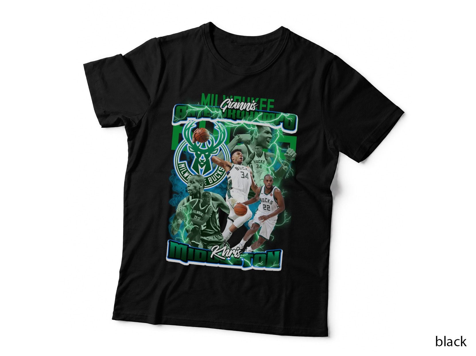 Giannis Antetokounmpo Khris Middleton Milwaukee Bucks 34 22 Green Text T-Shirt