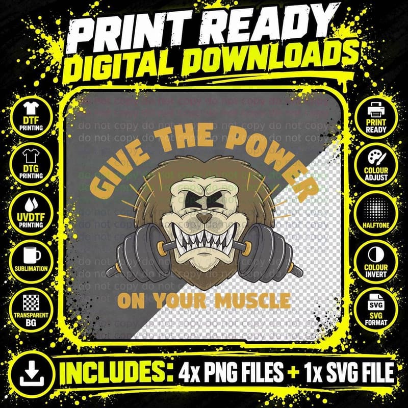 Give the Power the on Your Muscle Gold Lion Dumbbell Png SVG Digital Bundle