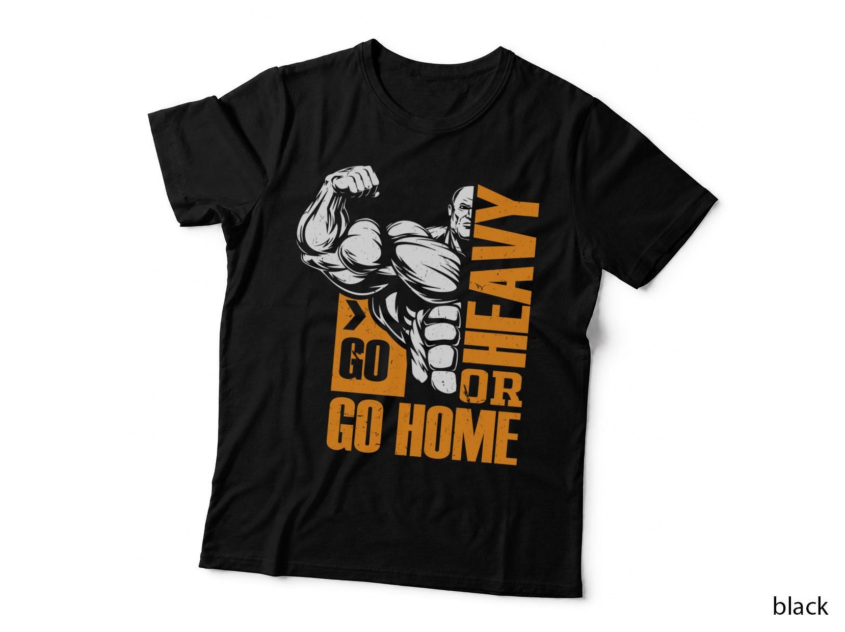 Go Heavy or Home White Muscular Male Orange Bold Text Gym T-Shirt