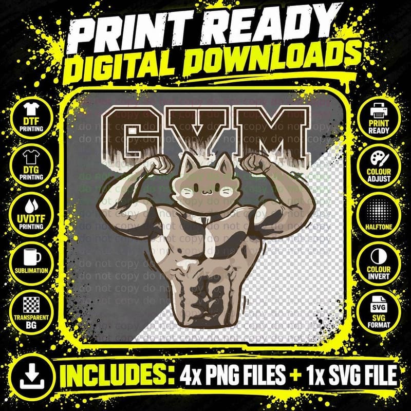 Gym Cat Muscular Brown Tan Cute Muscles Bodybuilder Png SVG Digital Bundle