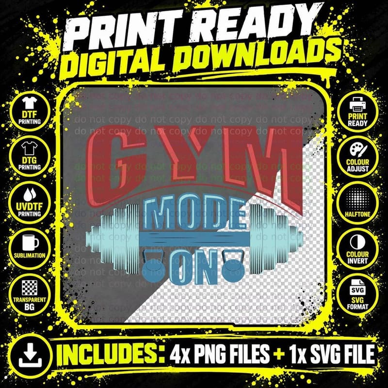 Gym Mode on Kettlebell Cyan Blue Motivational T-Shirt Png SVG Digital Bundle