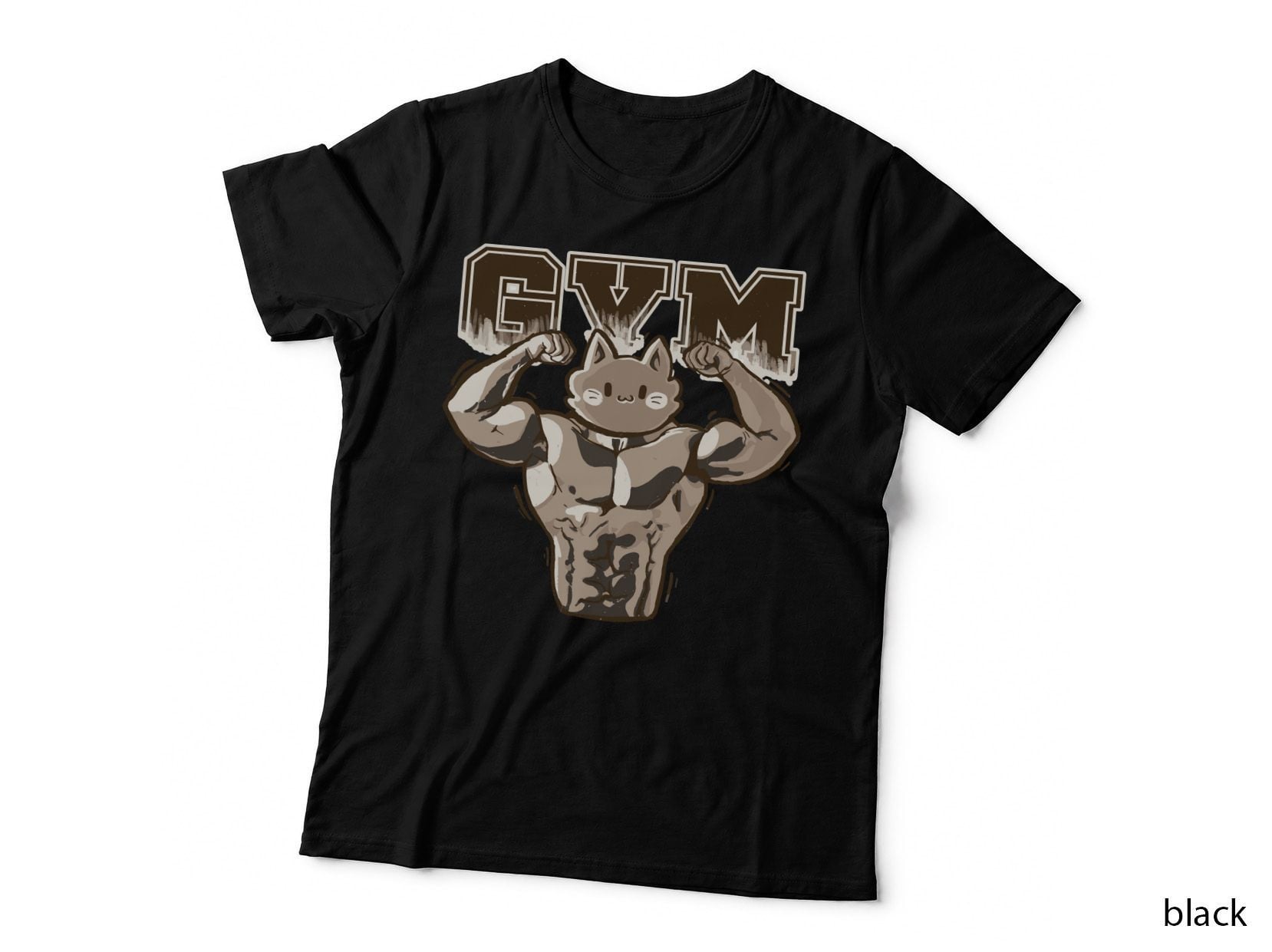 Gym Muscular Cat Flexing Brown Anime T-Shirt