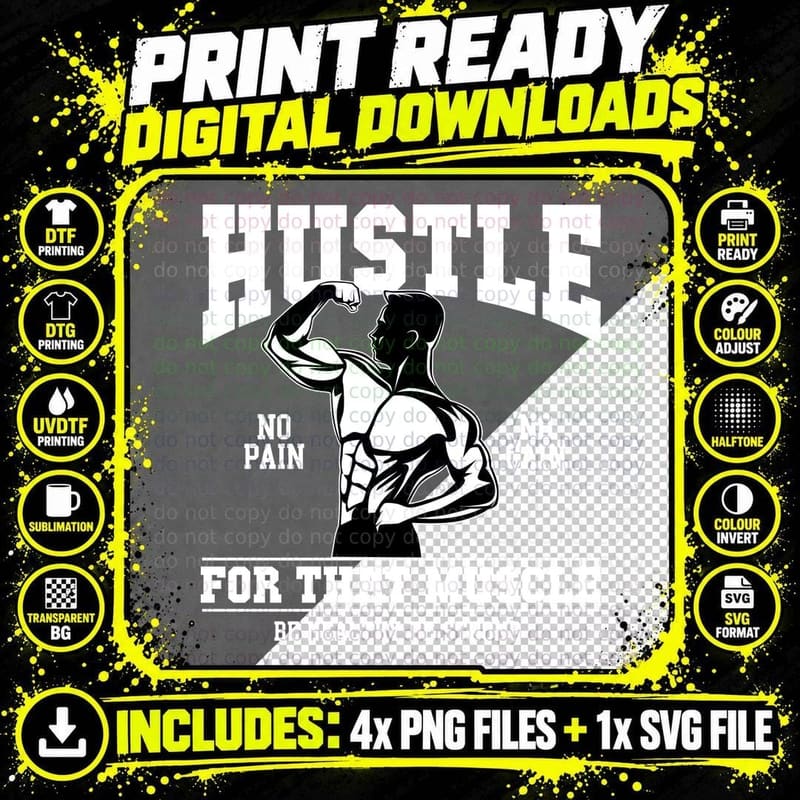 Hustle Muscle No Pain Gain for That Be Healthy Strong Png SVG Digital Bundle
