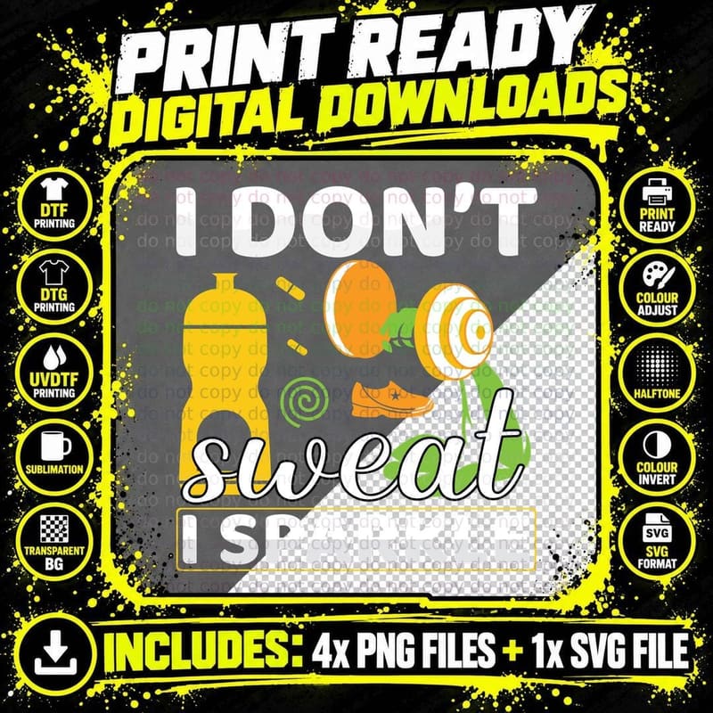 I Don't Sweat Sparkle Yellow Orange Green Bottle Weight Png SVG Digital Bundle