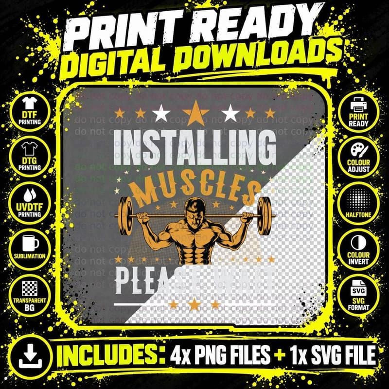 Installing Muscles Please Wait Muscular Man Orange Stars Png SVG Digital Bundle