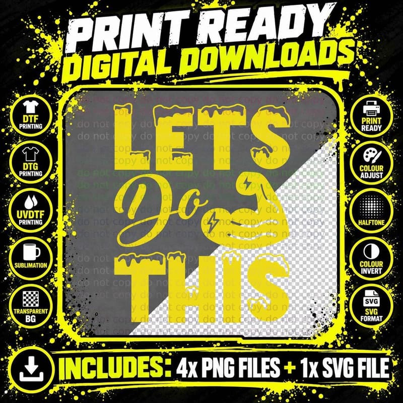 Let's Do This Muscular Arms Yellow Motivation Pumping Png SVG Digital Bundle