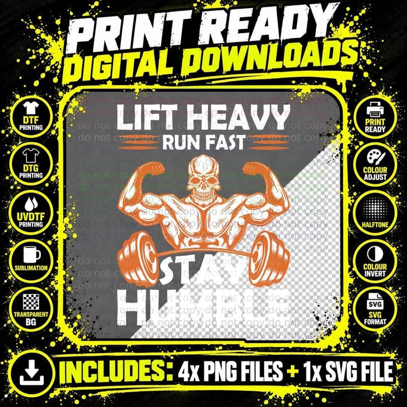 Lift Heavy Run Fast Stay Humble Skull Muscular Orange Png SVG Digital Bundle