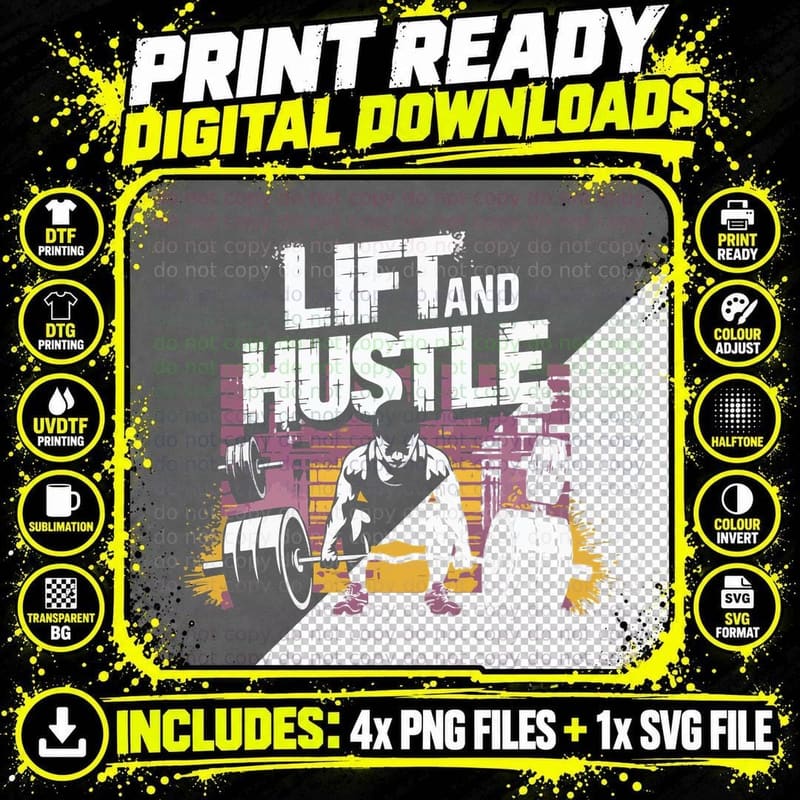 Lift and Hustle Muscular Silhouette Pink Yellow T-Shirt Png SVG Digital Bundle