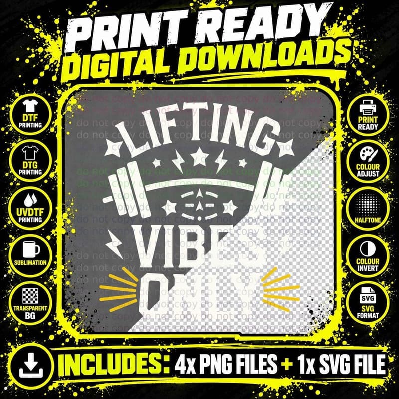 Lifting Vibes Only Barbell White Yellow Motivational Png SVG Digital Bundle