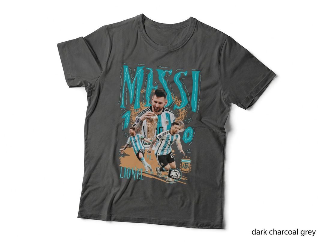 Lionel Messi Teal Text Argentina Jersey World Cup Trophy Afa Crest T-Shirt