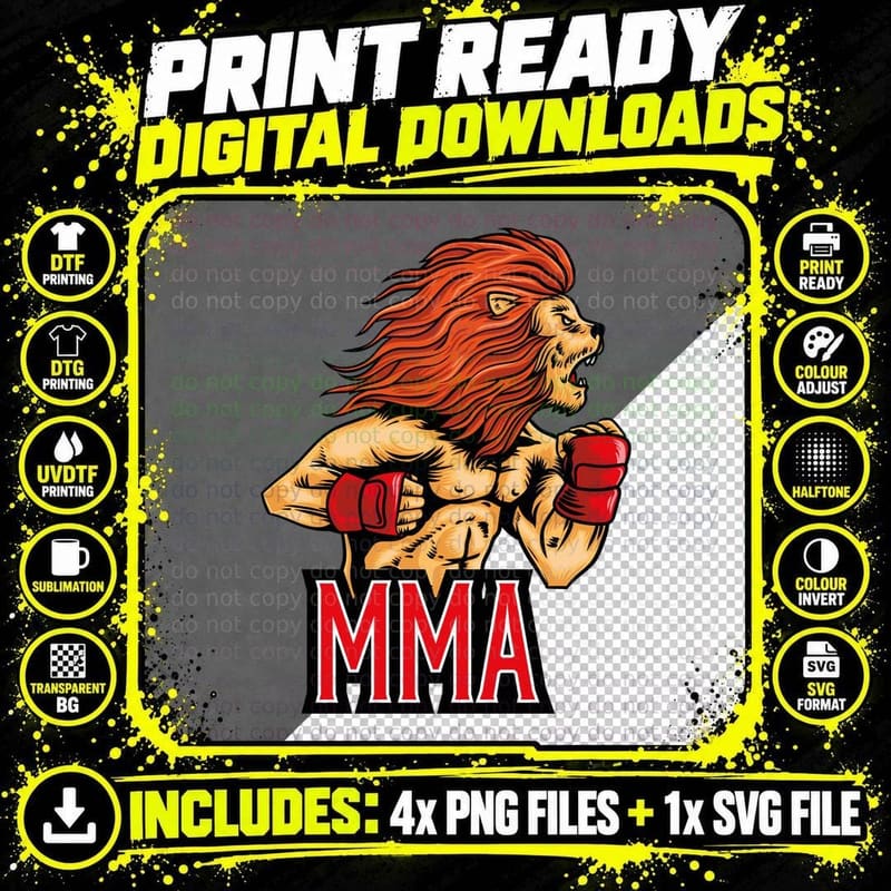 MMA Lion Boxing Gloves Fighter Mascot Strength T-Shirt Png SVG Digital Bundle