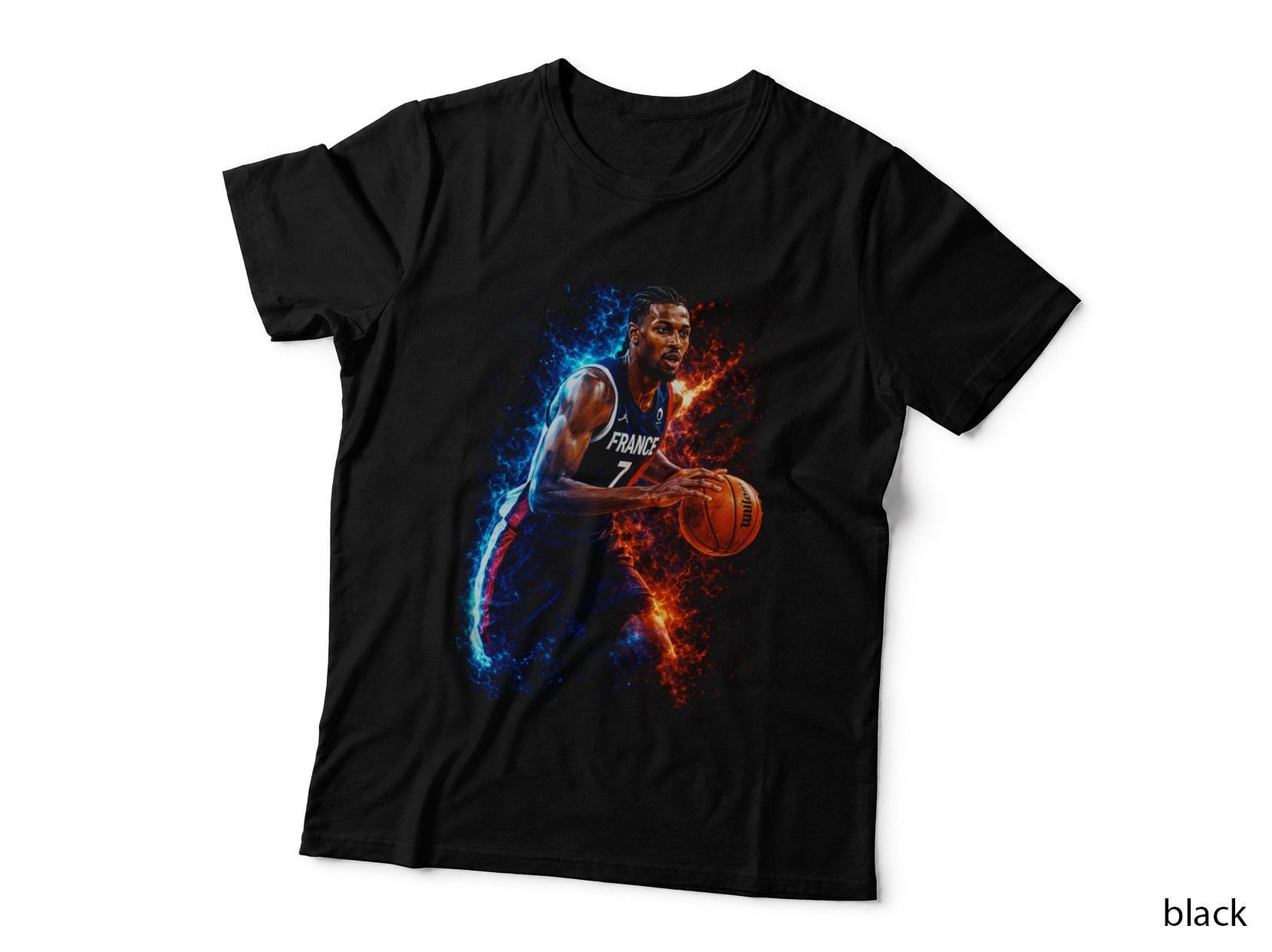 Male Basketball Player France 7 Red Blue Flame Dribbling National Team T-Shirt
