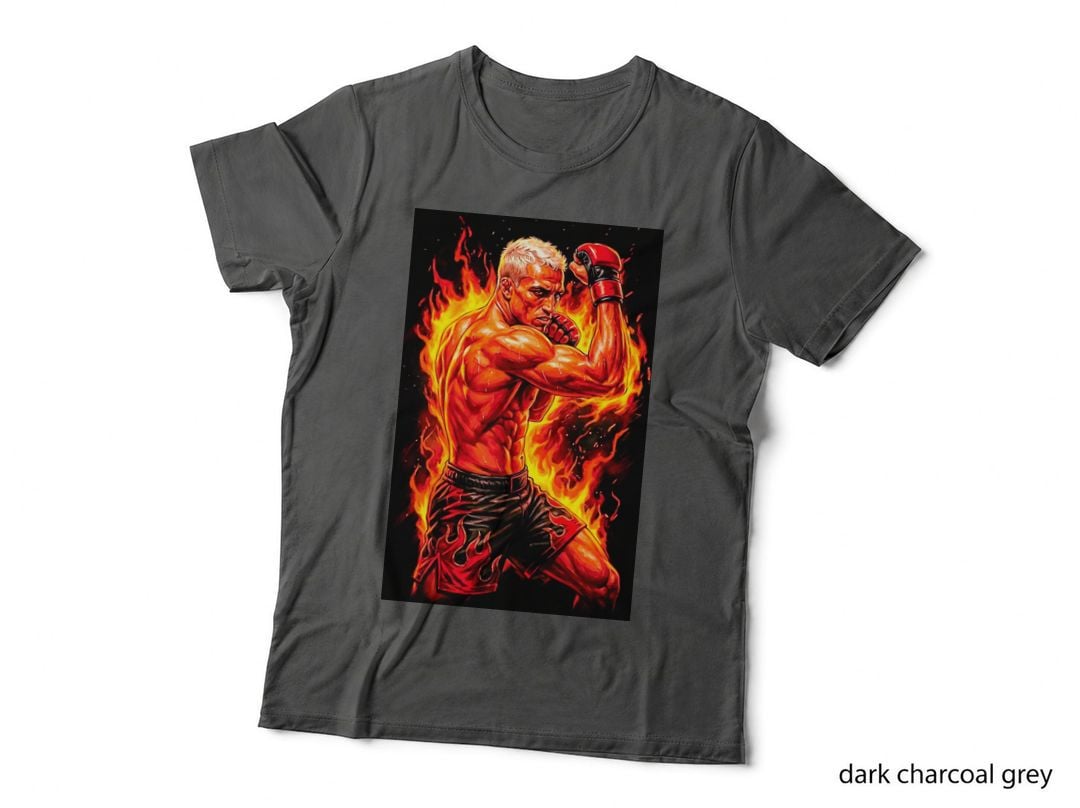 Male MMA Fighter Back View Blonde Red Gloves Guard Stance Orange Flames T-Shirt