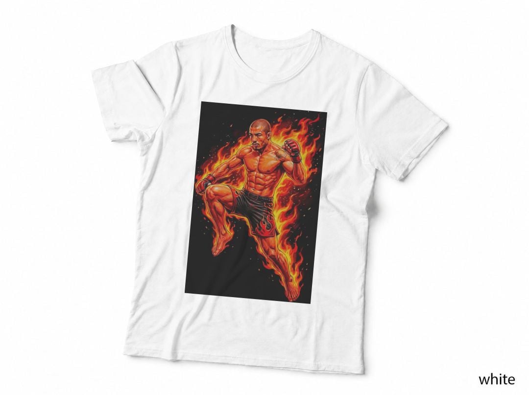 Male MMA Fighter Bald Flying Knee Black Flame Shorts Orange Background T-Shirt