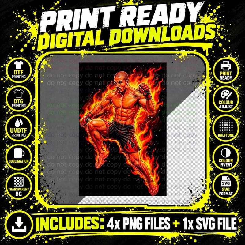 Male MMA Fighter Bald Flying Knee Black Flame Shorts Png SVG Digital Bundle