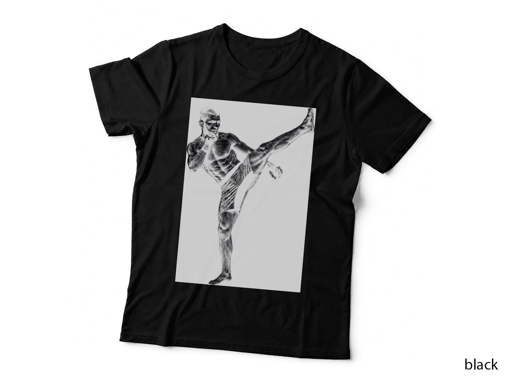 Male MMA Fighter Black and White Photo-Real Barefoot Mid High Kick Lean T-Shirt