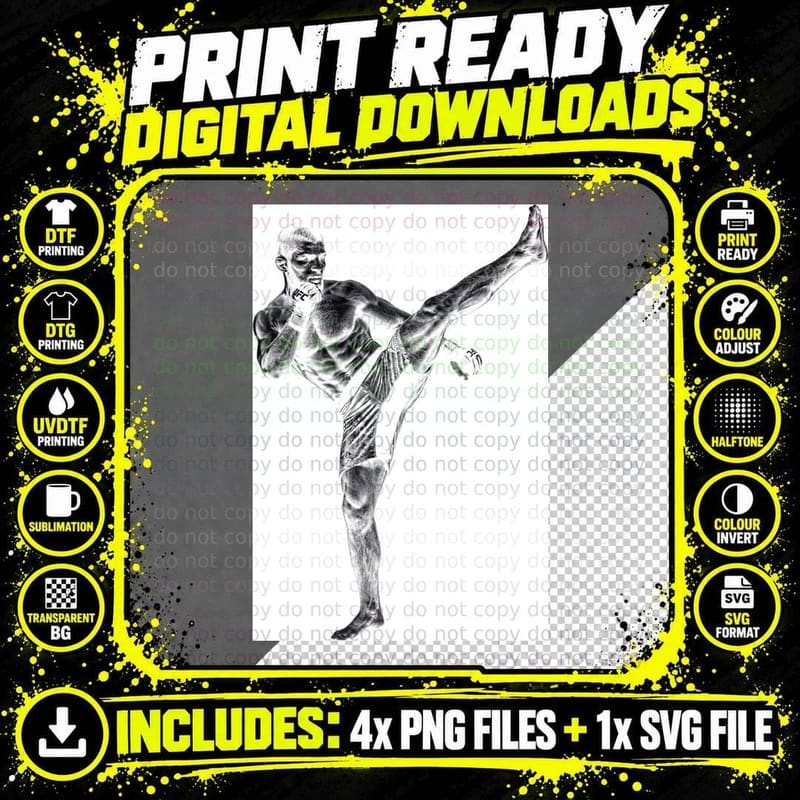 Male MMA Fighter Black and White Photo-Real Barefoot Mid Png SVG Digital Bundle