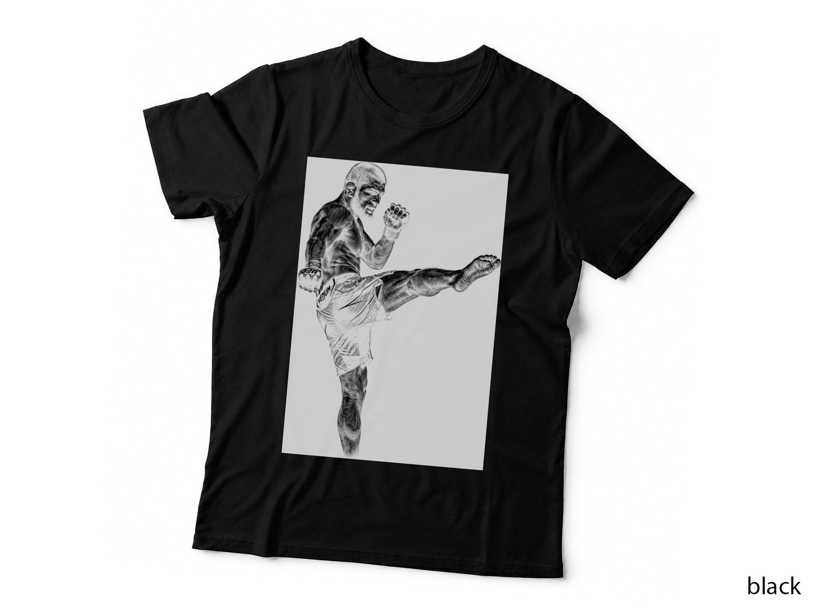 Male MMA Fighter Black and White Photo-Real Bearded Mid High Kick T-Shirt