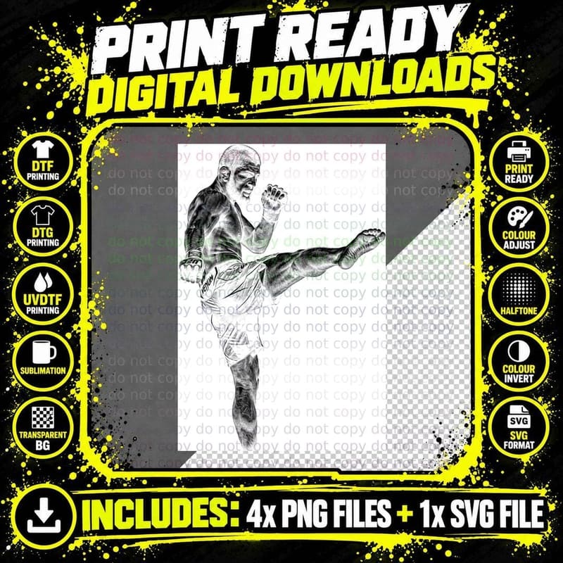 Male MMA Fighter Black and White Photo-Real Bearded Mid Png SVG Digital Bundle