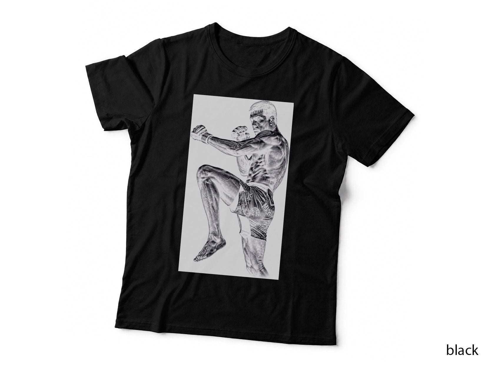 Male MMA Fighter Black and White Photo-Real Throwing Jab Mid-Jump Venum T-Shirt