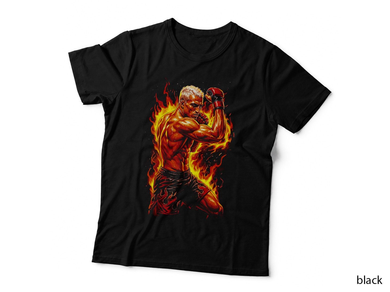 Male MMA Fighter Blocking Punch Orange Fire Outline Effect Grey Shorts T-Shirt