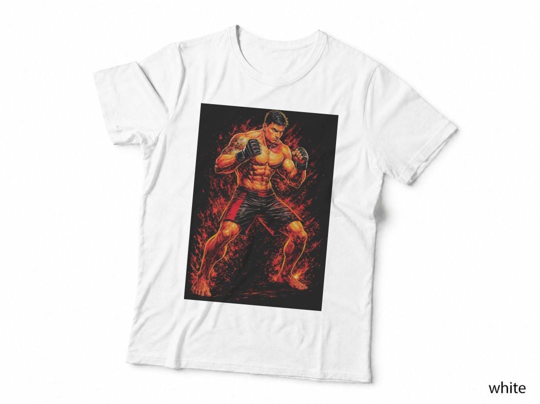 Male MMA Fighter Fire Splatter Background Shoulder Tattoo Black Red T-Shirt