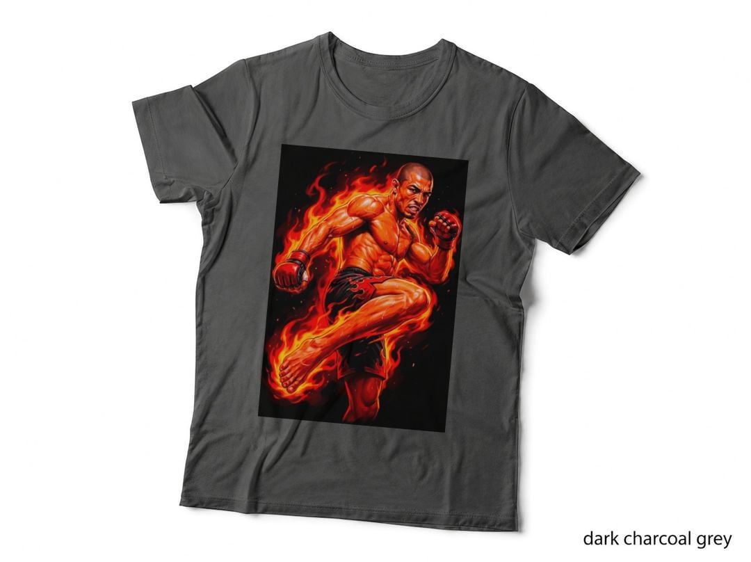 Male MMA Fighter Flying Knee Kick Fire Background Red Gloves Black T-Shirt