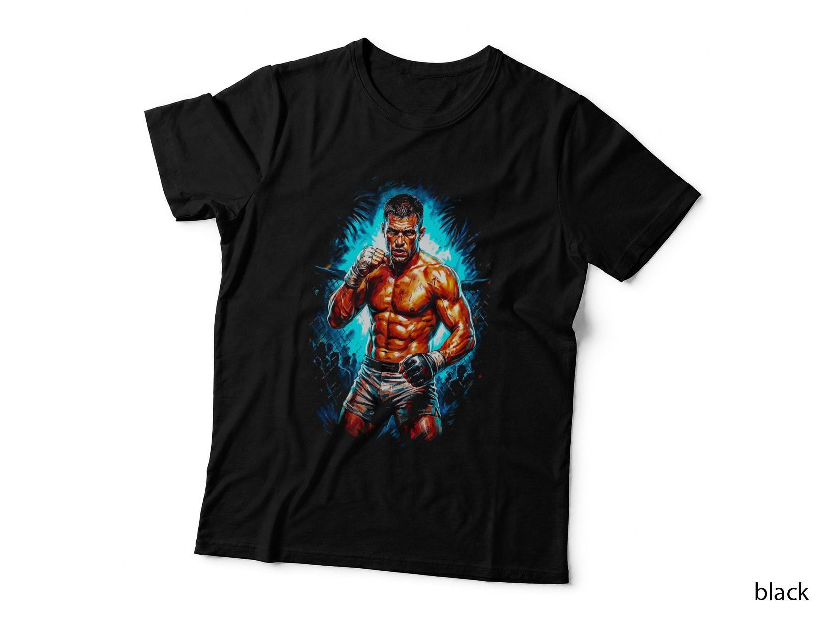 Male MMA Fighter Guard Stance Blue Cage Fence Background Hand Wraps T-Shirt
